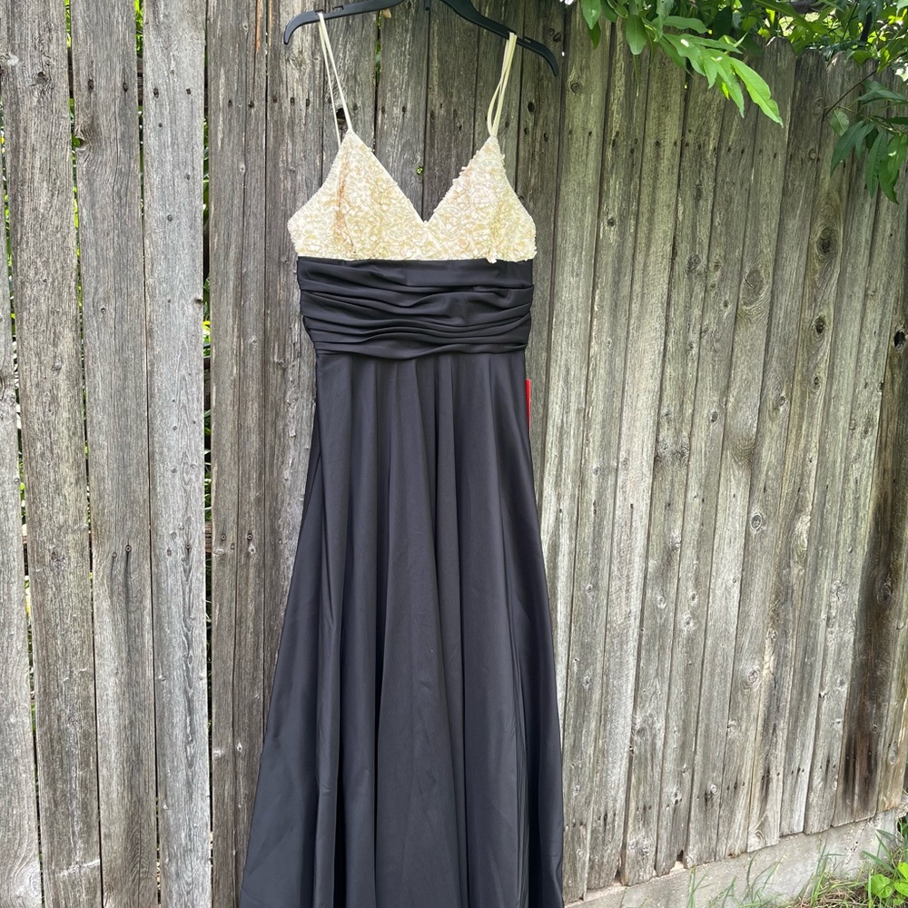 JS Collection Black and Cream Pearl Beaded Full length Gown